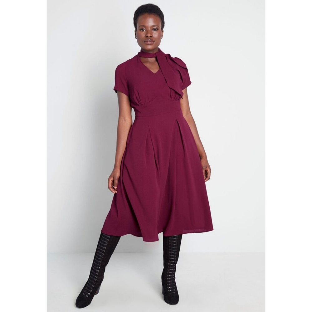 Vintage Inspired Neck Tie Burgundy Midi Dresses